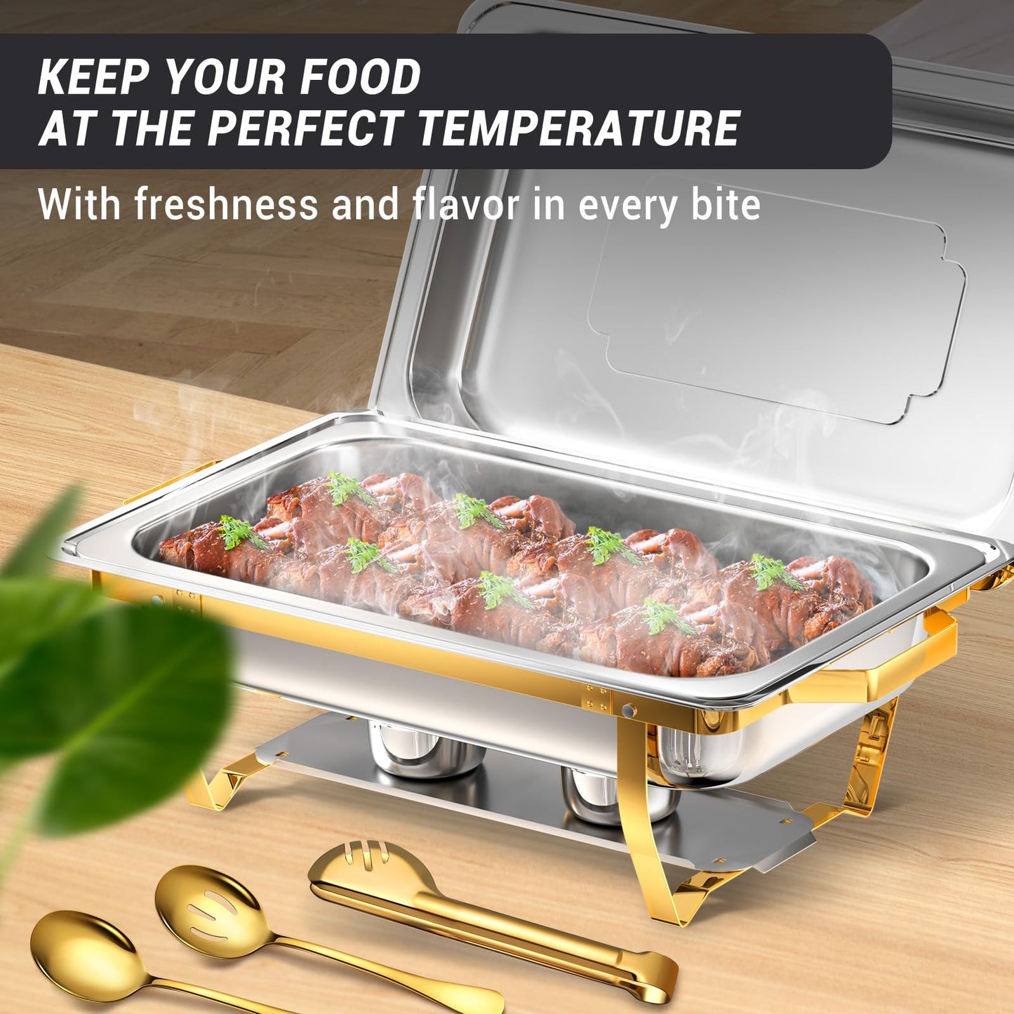 Keyoxy Chafing Dishes for Buffet, 8 Qt High Grade Chafing Dish Buffet Set, Rolled-Edge Design Food Warmers for Parties, Buffet, Wedding, Birthday, Camping 4 Pack 4 Pans [Half Gold]