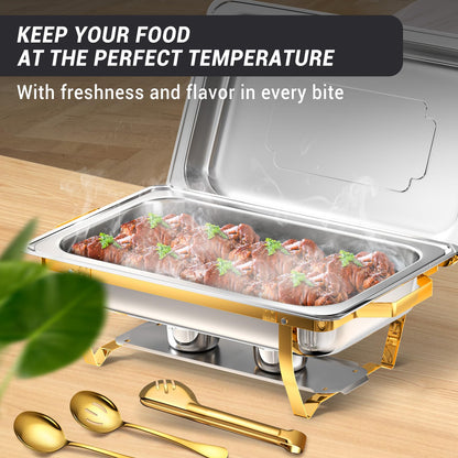 Keyoxy Chafing Dishes for Buffet, 8 Qt High Grade Chafing Dish Buffet Set, Rolled-Edge Design Food Warmers for Parties, Buffet, Wedding, Birthday, Camping 4 Pack 4 Pans [Half Gold]