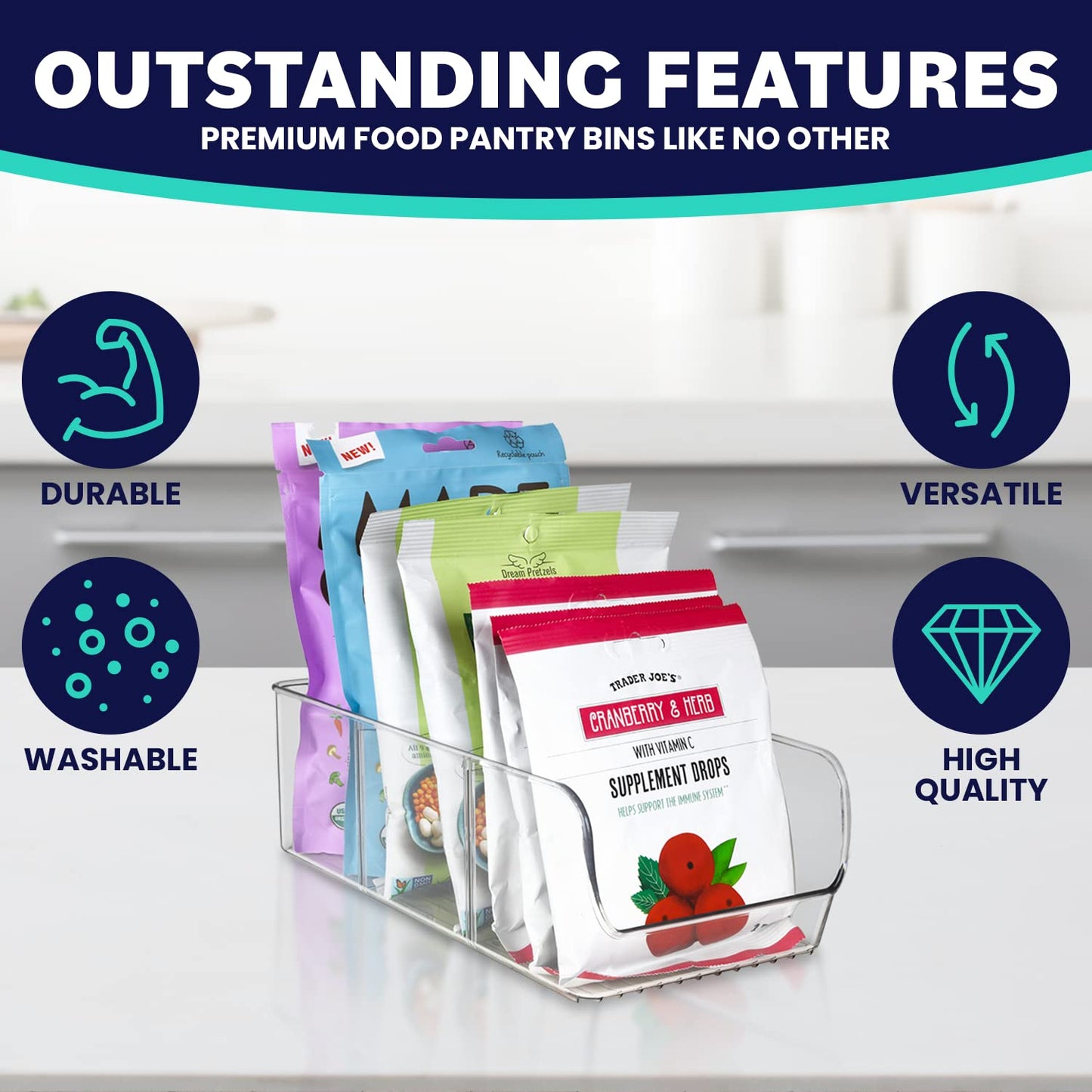 ELTOW 4-Pack Snack Organizer, 3-Compartment Plastic Bins with Removable Dividers, Chip & Food Storage for Pantry, Spices, Fridge, and Cabinet