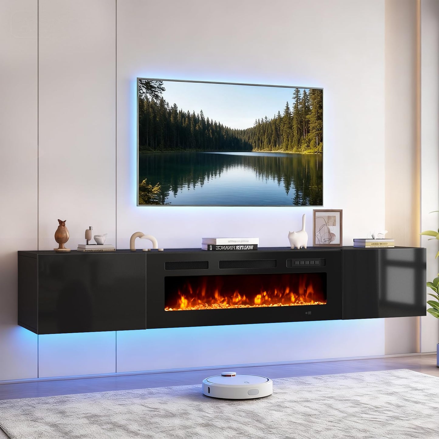 OneBlis 80'' Floating TV Stand with 40" Electric Fireplace, Wall Mounted Entertainment Center with Storage for TVs up to 90", Adjustable 12-Color LED Lights Media TV Console for Living Room