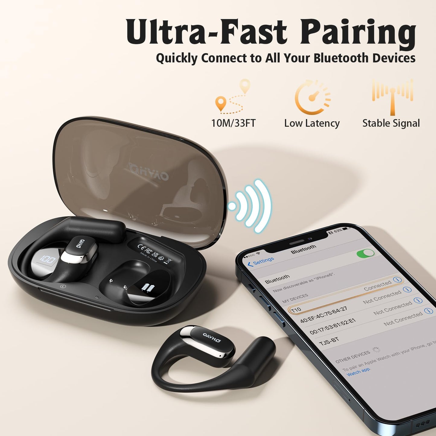 Open Ear Headphones,Over Ear Earbuds with Ergonomic Earhook,Bluetooth Headphones 5.4 with Smart Digital Display,40H Playtime,IPX6 Waterproof,Touch Control Operate Fit Cycling,Running,Workout(Black)