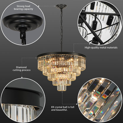 Crystal Chandeliers for Dining Room Lights Fixture Over Table, 20 Lights Black Modern Chandeliers for Living Room, 5-Tier Round Crystal Lighting Fixtures for Bedroom Entryway Kitchen Island D30 Inch