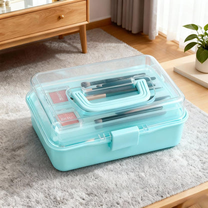 WINDAWNKE 3 Layers Blue Craft Art Box, Plastic Portable Tackle Box, Sewing Organizer for Crafts, Sewing Supplies, Jewelry and Tools