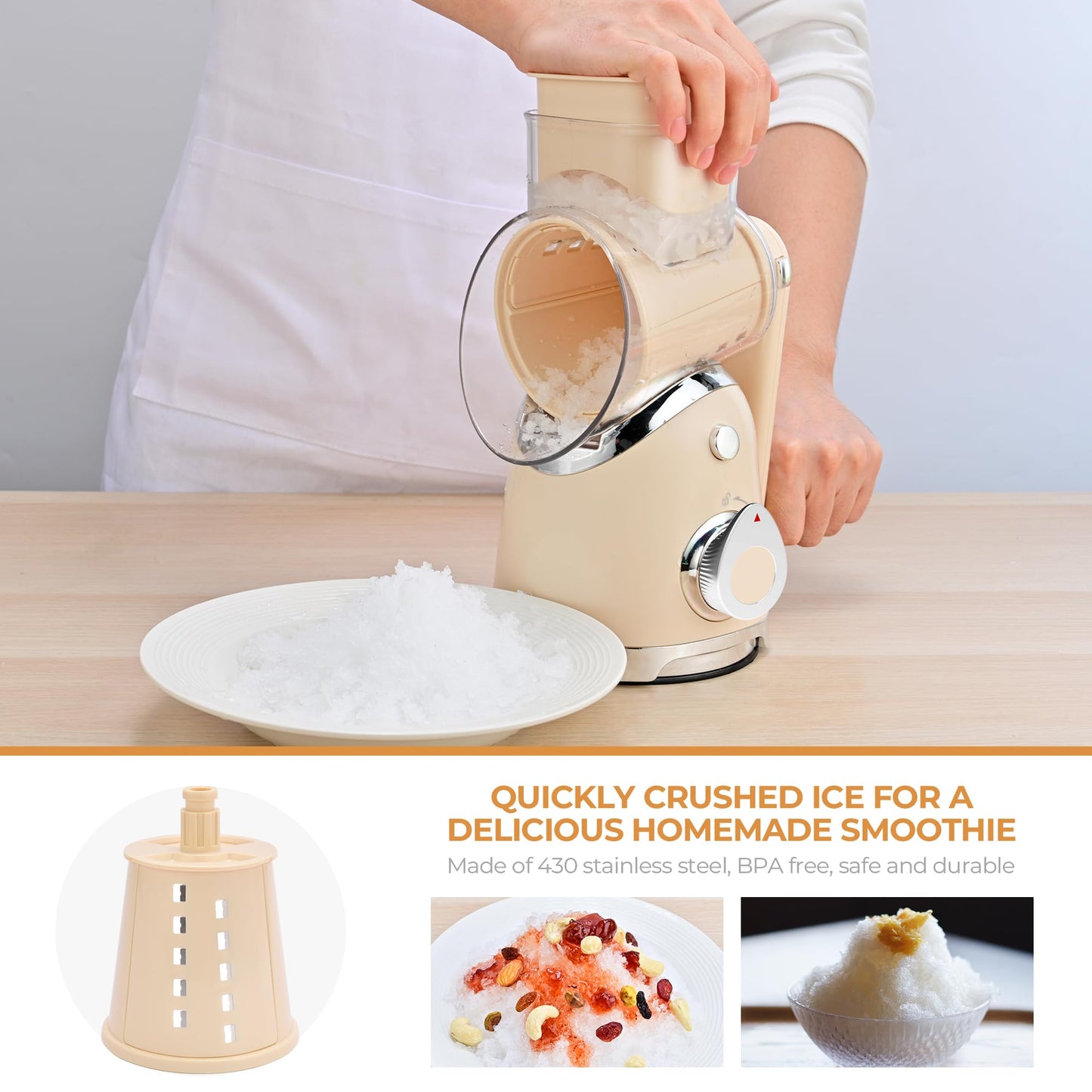 SUSTEAS Rotary Cheese Grater with Handle, Vegetable Slicer, 6 Interchangeable Blades, Reinforced Suction, Easy to Clean, Kitchen Shredder for Crushed Ice, Fruits, Nuts with Blade Storage Case, Beige