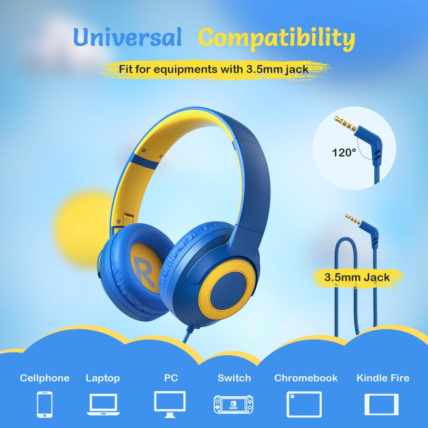 TONOSHARK Kids Wired Headphones with Microphone, Volume Limited to 85/94dB, Foldable 3.5mm Jack Headset for Girls, Pink Over-Ear Headphones for School, Study & Travel, Includes Carry Case（Blue）