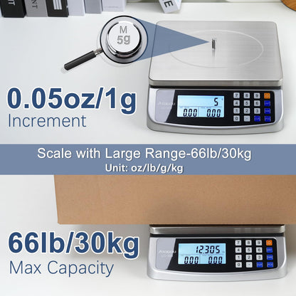 Atogou 110lb Food Scale, Commercial Kitchen Scale with Price Computing, Plug-in Usable, 0.05oz/1g, 304 Stainless Steel, for Cooking, Vegetables, Farm, Industry, Counting. LC300 Silver