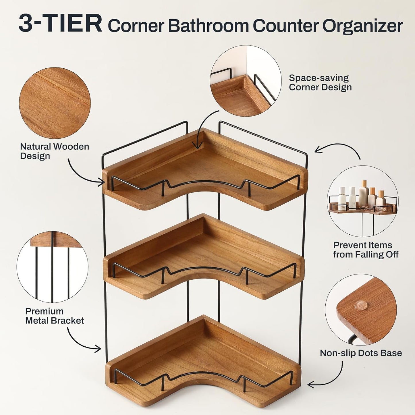 Snuvid 3-Tier Counter Countertop Bathroom Organizer, Wooden Corner Shelf for Vanity Skincare & Makeup, Storage