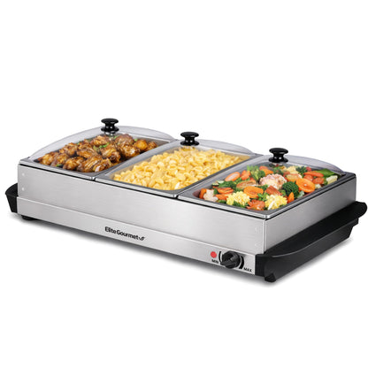 Elite Gourmet EWM-6171 Triple 3 x 2.5 Qt. Trays, Buffet Server, Food Warmer Temperature Control, Clear Slotted Lids, Perfect for Parties, Entertaining & Holidays, 7.5 Qt Total, Stainless Steel