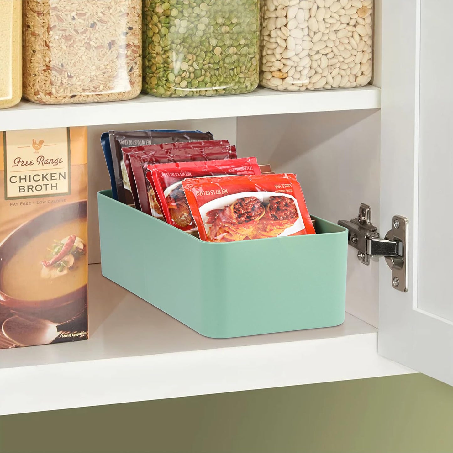 BSTKEY Seasoning Packet Organizer, Food Storage Organizer with Divided 4 Bamboo Wood Compartments, Green Plastic Storage Caddy for Pantry Cabinet, Kitchen Organization Bin for Snacks Spice Packets