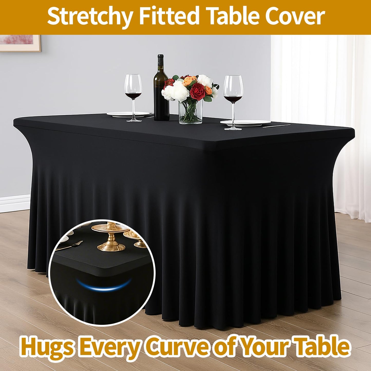 Deep Dream 4 Pack Black Spandex Fitted Tableclothes for 8 Foot Rectangle Tables, Wrinkle Free 8FT Fitted Table Cover, Stretch Tablecloth Table Skirt for Party, Banquet, Wedding and Events