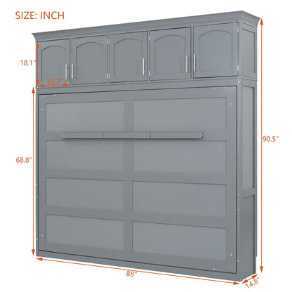 Ball & Cast Queen Size Murphy Bed Wall Cabinet Bedframe,can be Folded,Hideaway Chest with Top Storage Lockers,Wood Platform Furniture for Guest Room,Study,Office,Gray
