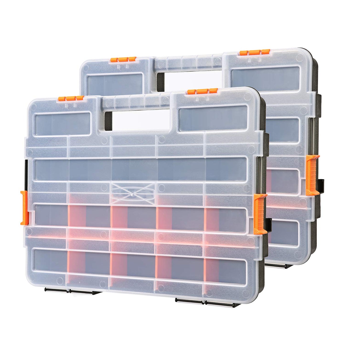 Makitoyo Tool Box Organizers, Interlocking Black Small Parts Organizer for Fasteners, Parts and Crafts w/Removable Dividers, 2 Pieces Pack, Black & Orange,15”L×11.6”W×2.6”H