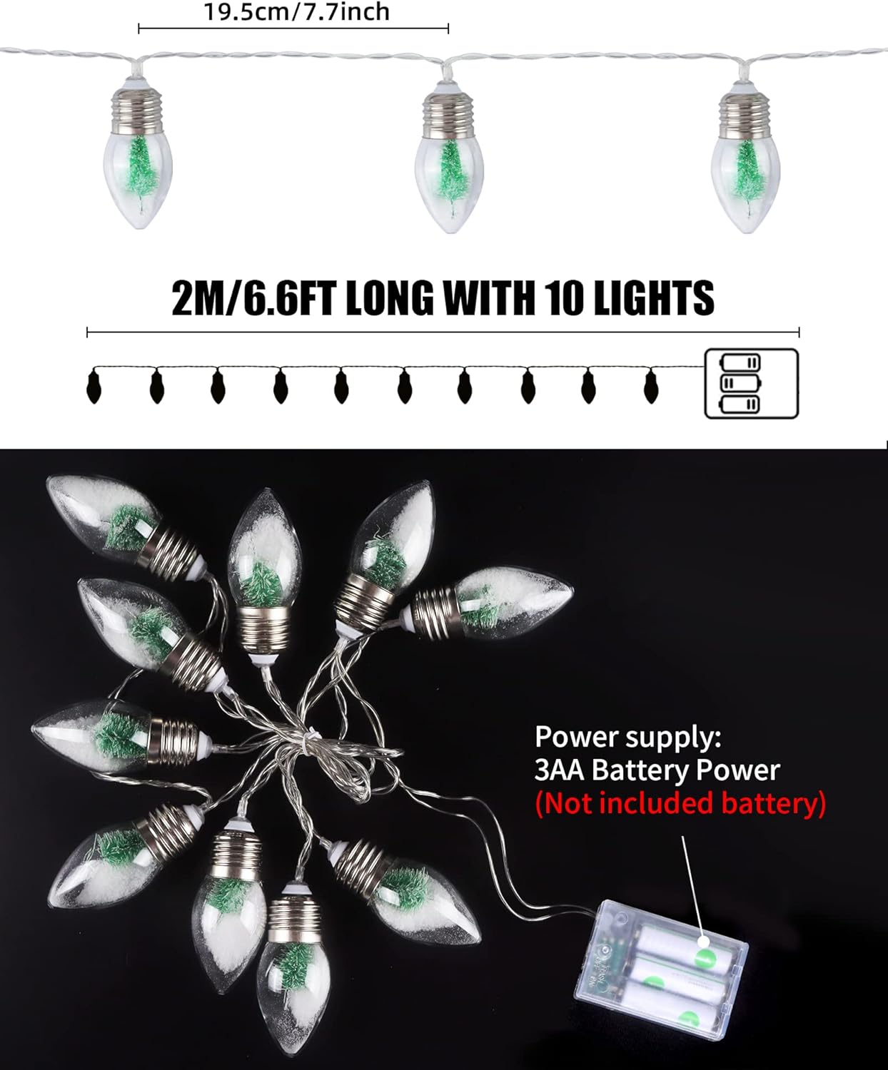 2Pcs 6.6 20 Bulbs Christmas Snow Globe String Lights Indoor Decorations FT Battery Operated Powered String Lights