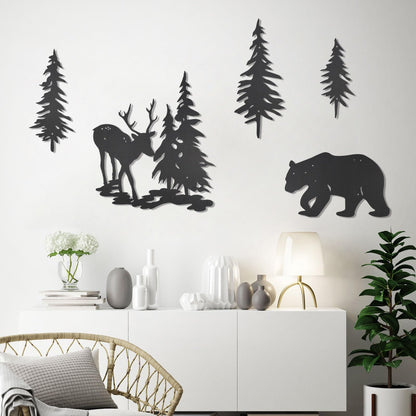 OYEFLY 5 Pieces Deer Bear Pine Tree Wall Decor,Rustic Wood Art Wall Decor (Black)