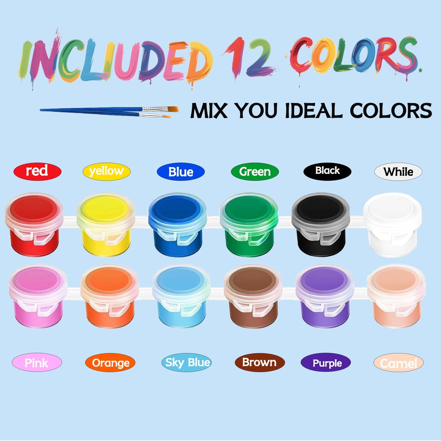 20 Pack Mini Acrylic Paint Set, 12 Colors Washable Paint Strips for Kids & Adults - Includes 40 Brushes (20 Flat + 20 Pointed), 280 PCS kids Paint Kits for Easter Eggs, Birthday, Classroom Party