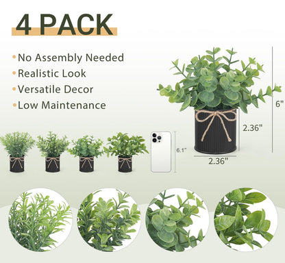 Mkono 4 Packs Small Fake Plants in Farmhouse Galvanized Pots Table Centerpiece Mini Potted Artificial Plants Faux Eucalyptus for Shelf Office Rustic Home Decor (Black, Mini-6" H)