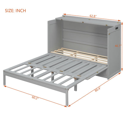 Merax Queen Size Murphy Cabinet Bed with Storage Drawers, Wall Murphy Bed with a Set of Sockets & USB Ports, Folding Platform Bed for Small Room