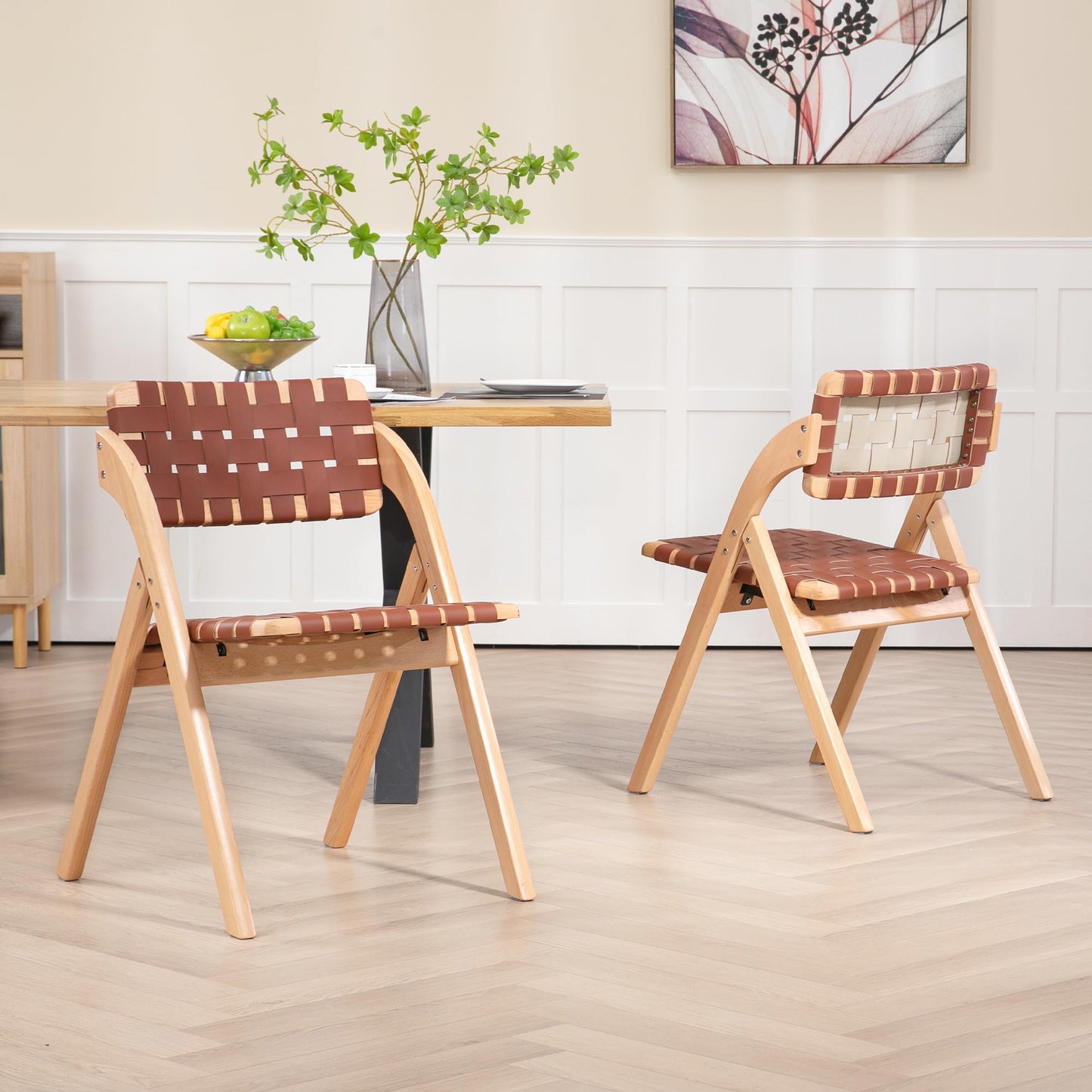 HOMEFUN Folding Dining Chairs Set of 2, Wooden Foldable Chair with Leather-Woven Backrest and Widened Seat Extra for Guests Kitchen Office Wedding Picnic Brown