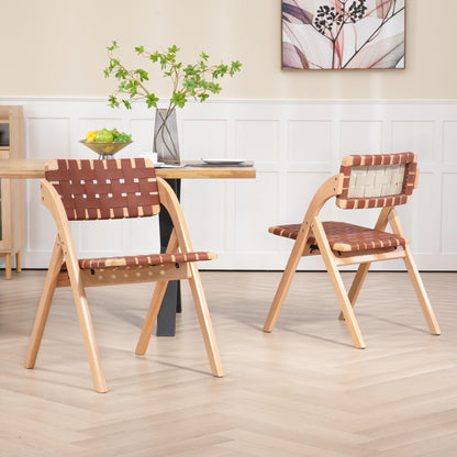 HOMEFUN Folding Dining Chairs Set of 2, Wooden Foldable Chair with Leather-Woven Backrest and Widened Seat Extra for Guests Kitchen Office Wedding Picnic Brown
