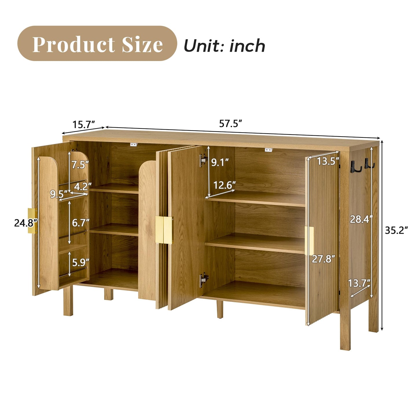 GDFStudio 58" Modern Buffet Cabinet with 4 Stripe Doors, Sideboard Storage Cabinet with Back Door Storage Racks, Shelves, Side Hooks, Coffee Bar Cabinet Credenza for Dining Room Living Room, Natural