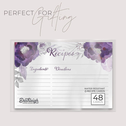 Floral Recipe Cards from Dashleigh, 48 Double-Sided Water-Resistant Cards, 4x6 inches (Violet Purple)