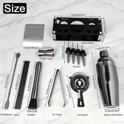 14-Piece Cocktail Shaker Set Bartender Kit with Black Stand, Bar Tool Set for Drink Mixing Bartending Kit Bar Sets Accessories: 750ml(25oz) Shaker, Jigger, Muddler, Cocktail Recipes (Black)