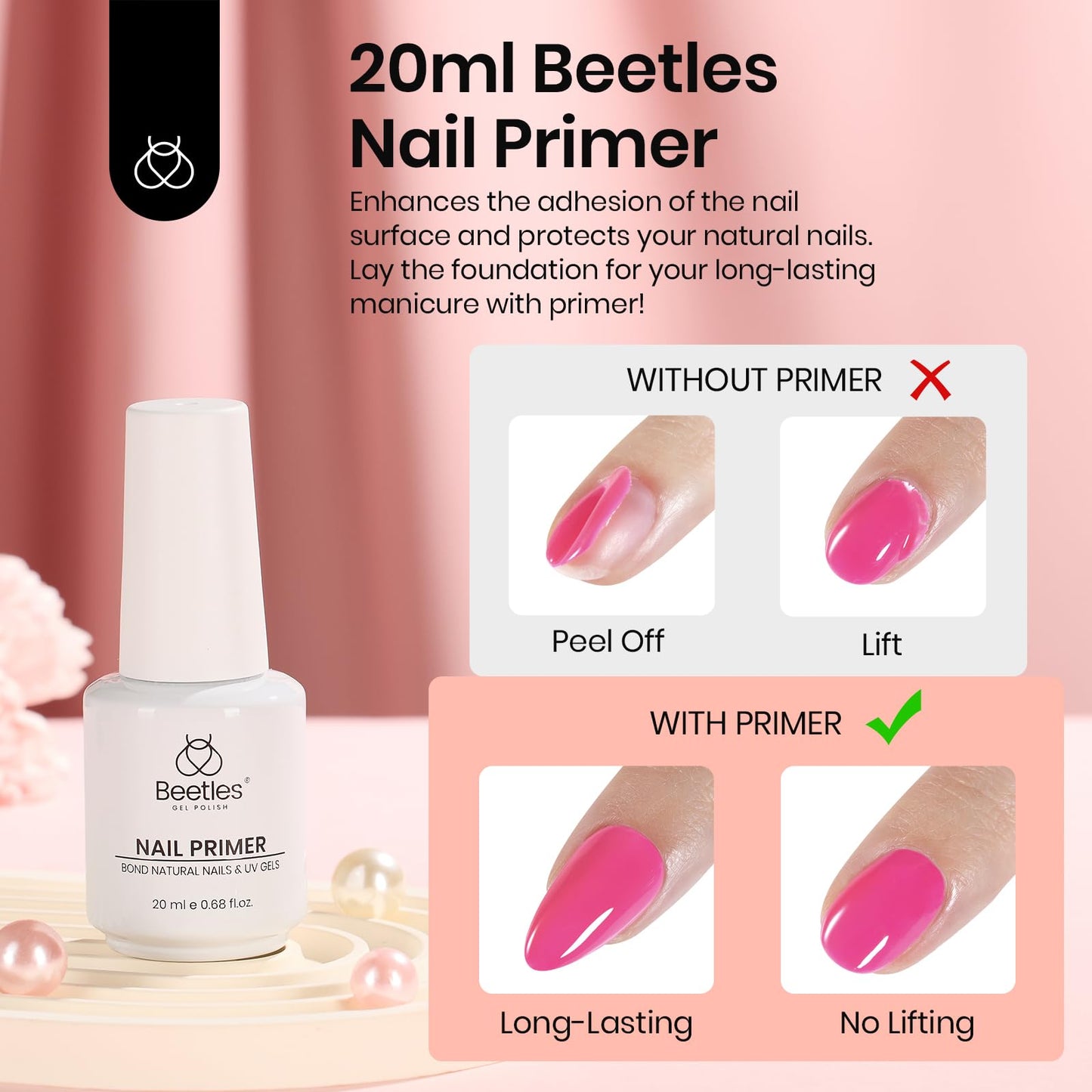 Beetles Nail Prep Kit Nail Dehydrator and Primer Nail Care Tool Kit 20ml Large Capacity Acid-Free & Hema-Free Dehydrate Bond Primer with Manicure Tools for Acrylic Nail Gifts for Women