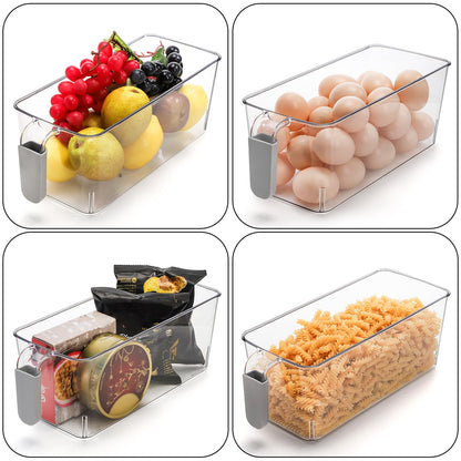 Pumtus 4 Pack Clear Ice Bins for Freezer, Plastic Ice Bucket with Flexible Scoop & Ice Tong, Pull Out Handle Ice Container, Kitchen Food Storage Organizer, Pantry Canister for Wine Beverage Fruit