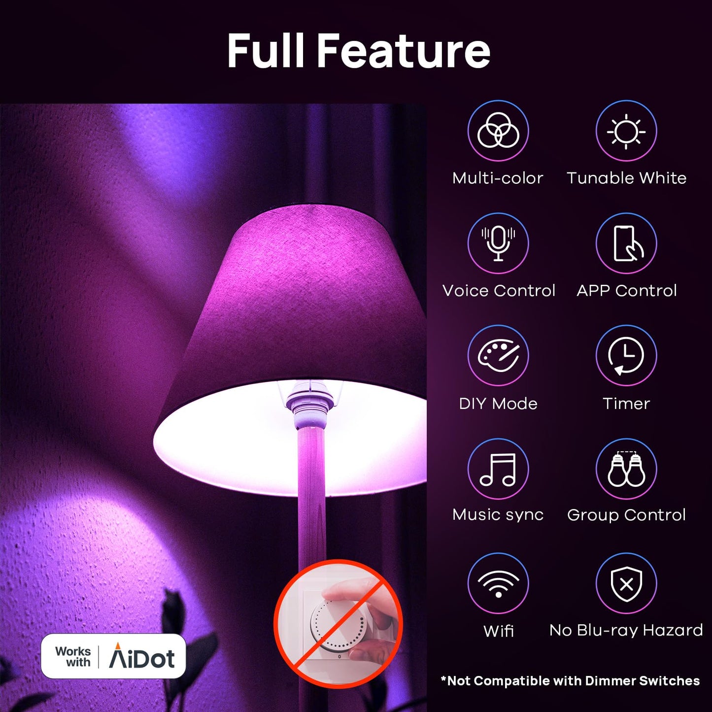 Linkind Matter Smart Light Bulb, WiFi Smart Bulbs, Work with Apple Home, Siri, Alexa, Google, SmartThings, RGBTW Color Changing Bulbs Mood Lighting, Music Sync, A19 E26 60W, 2.4Ghz WiFi 6 Pack