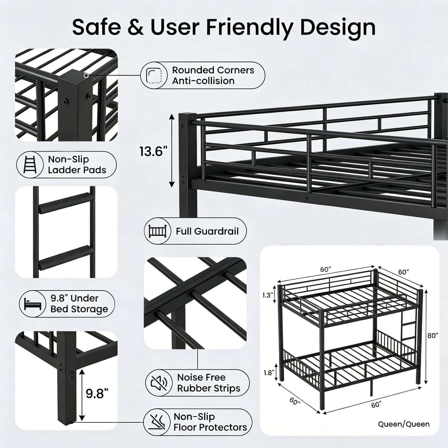 Feetice Queen Over Queen Bunk Bed, Heavy Duty Metal Bunk Bed for Adults & Teens, 400/600lbs Capacity, Full-Length Top Guardrails, Anti-Slip Ladder, 9.8" Underbed, No Box Spring Needed
