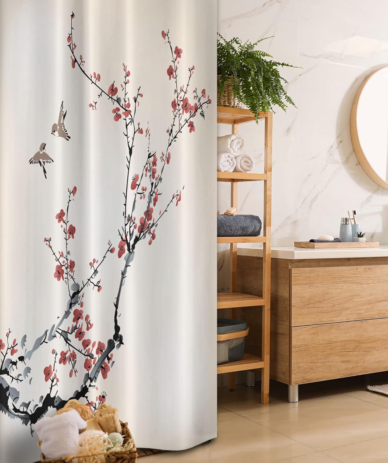 Ambesonne Nature Stall Shower Curtain, Cherry Branches Flowers Artwork, Fabric Bathroom Decor Set, 36" X 72"
