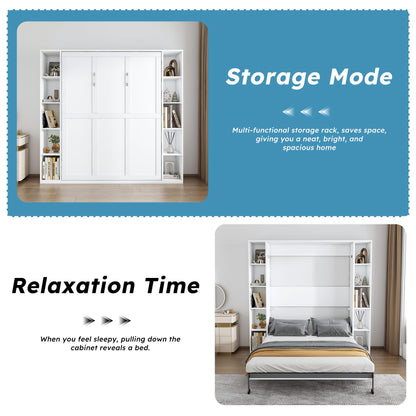 KEIKI Queen Size Murphy Bed Chest, Folding Cabinet Wall Bed Frame with Storage Shelves, Sapce Saving Hideaway Cabinets Beds Frames for Apartment Bedroom Guest Room, Wood Slats Support, White