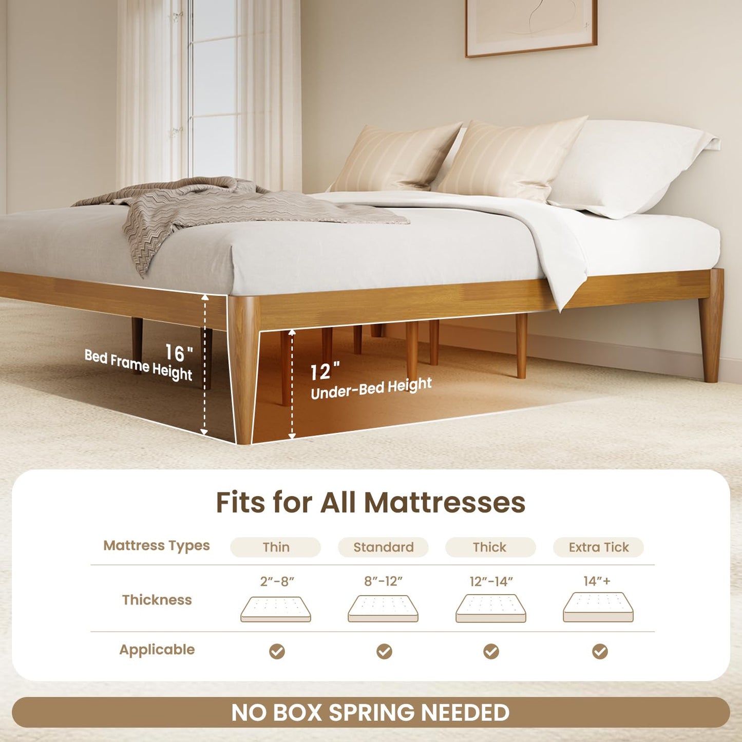 IOTXY Twin-XL Platform Bed Frame - Solid Wood 16-Inch Height Mattress Foundation Base with Densely Slats and Heavy-Duty Support Legs, No Box Spring Needed, Teak