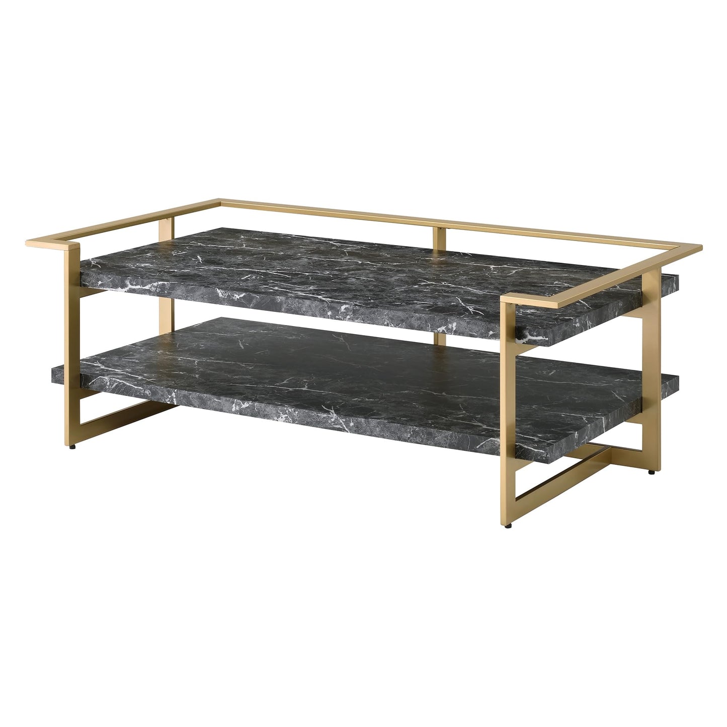 24/7 Shop at Home Daphne Modern Metal Faux Marble Top 2-Piece Coffee Table Set with Open Shelves for Living Room, Bedroom, Home Office, Gold and Black