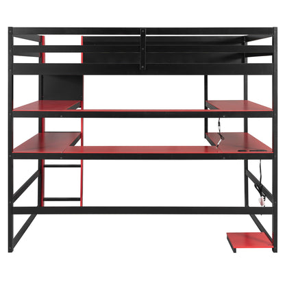 DNYN Gaming Loft Bed with Built-in Desk and Storage Shelves for Teens/Adults Bedroom, Space-Saving Full Size Wooden Bed Frame with LED & Side Race, No Box Spring Needed