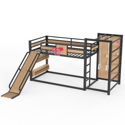 Bellemave Metal Twin Over Twin Bunk Bed Frame with Slide,Twin Size Floor Bunk Bed and Basketball Hoop,Pull-up Rings and Climbing Wall,Heavy Duty Bunk Beds with Bookshelves for Kids Girls Boys,Natural