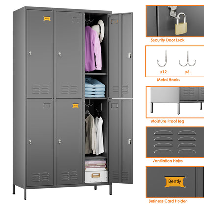 6 Door Metal Storage Locker for Employees,Heavy Duty Steel School Locker with Adjustable Shelves and 18 Hooks,Metal Lockers for Office,Gym,Home,72"H x 35.4"W x 15.75"D,Dark Grey,Assembly Required