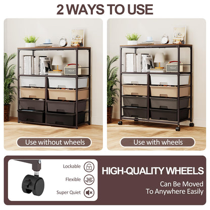 SYKIARIOL 8 Drawers Rolling Storage Cart with Wooden Top, Multipurpose Utility Cart with Opening Shelf & Lockable Wheels, Storage Drawer Cart Organizer for Home Office Craft Room Classroom, Brown