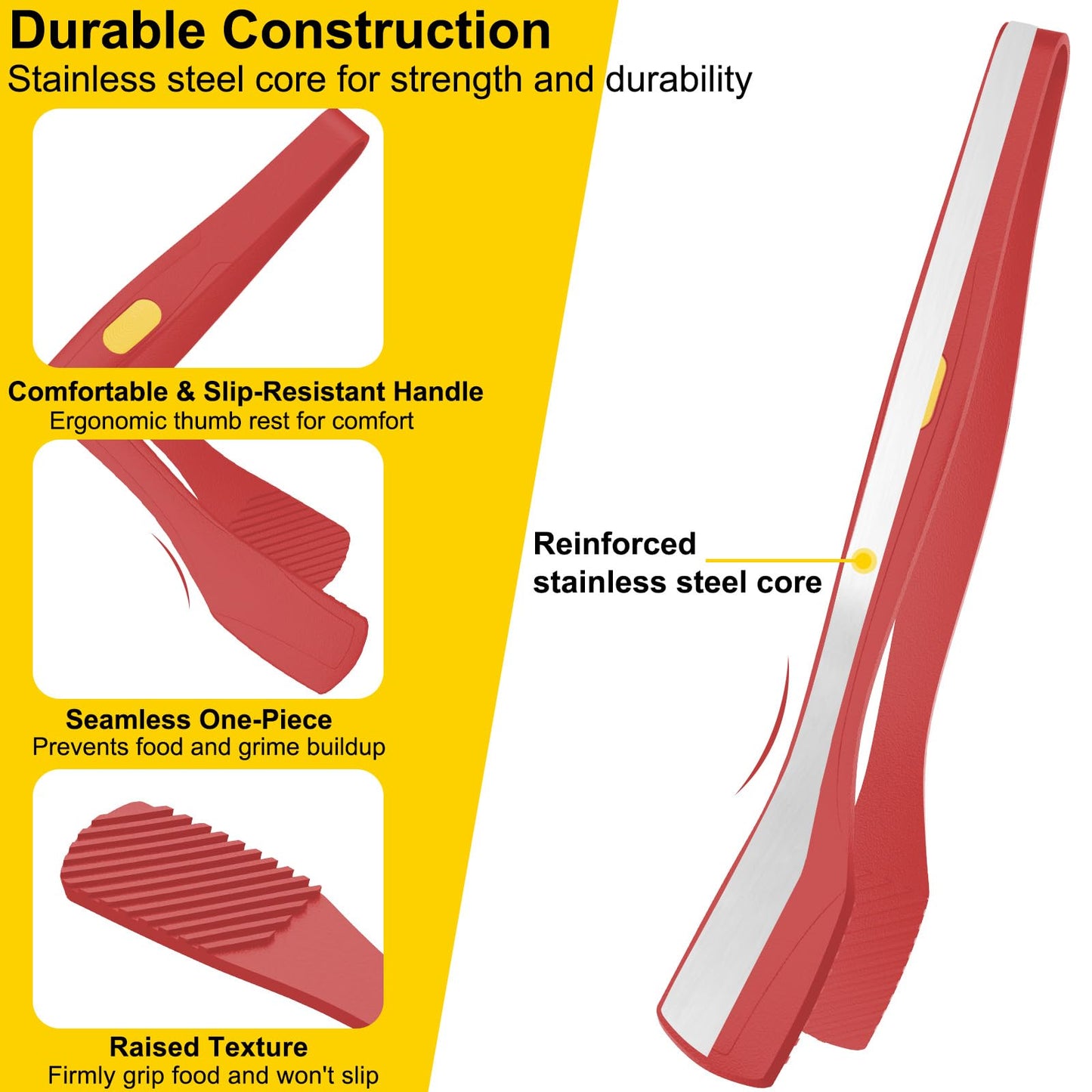 Beijiyi Kitchen Tongs for Cooking, 9" & 12" Set, Silicone Cooking Tongs with Silicone Tip for Nonstick Cookware, 600°F Heat Resistant, Stainless Steel Core, Great for Grilling and Serving Food (Red)