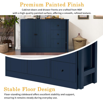 Merax Modern Wood Buffet Storgae Cabinet with Extendable Table, Buffet Coffee Bar Sideboard w/ 2 Doors and 3 Drawers for Living Room Dinning Room Kitchen Navy Blue