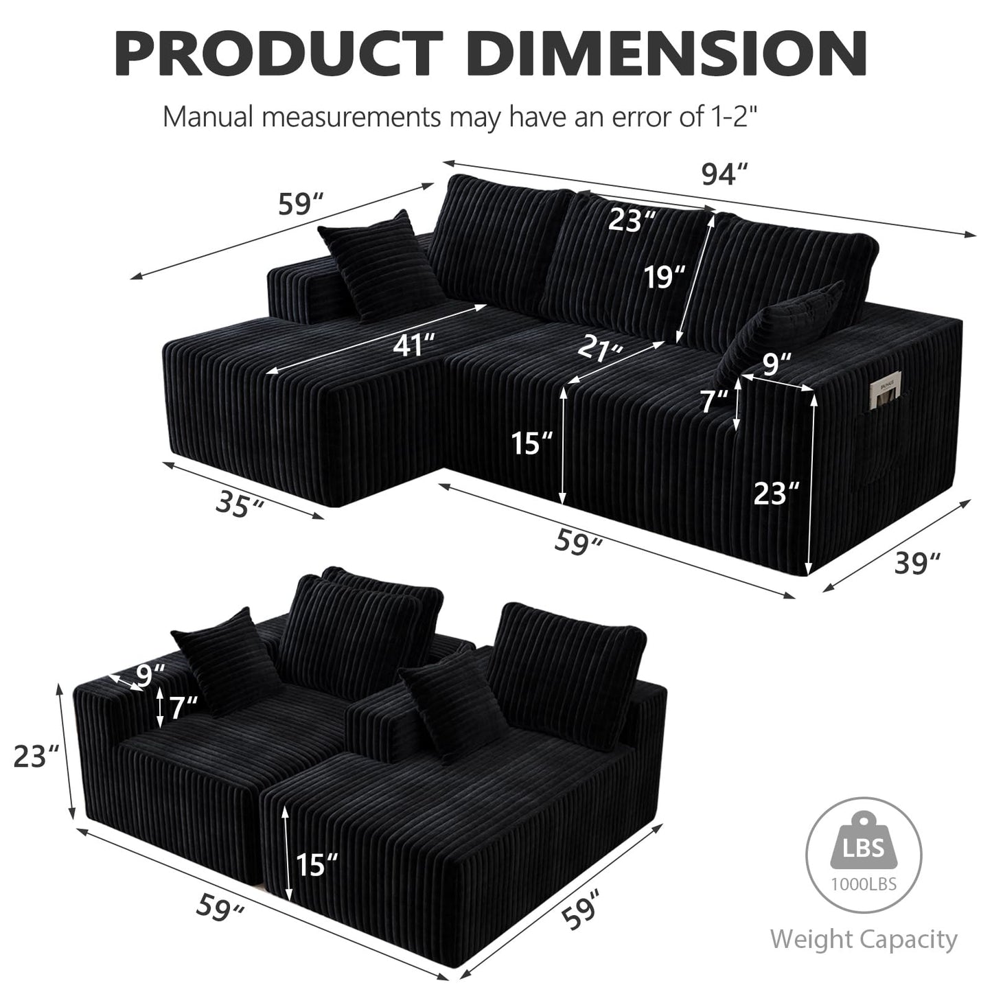 94" Sectional Couches for Living Room, Modular Sectional Sofa with L-Shape Chaise, Cloud Couch, Comfy Flannel Fluffy Couch with Pillows and Side Pockets NoAssembly (Black, Left Facing Chaise-96-inch)