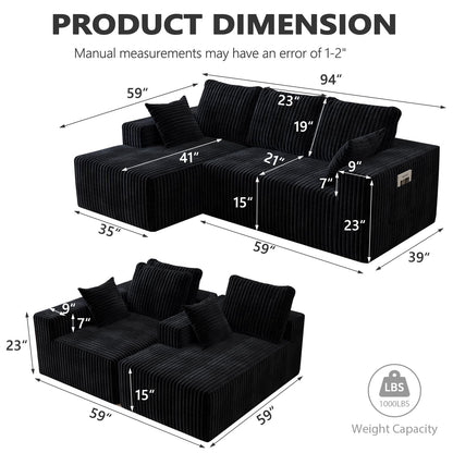 94" Sectional Couches for Living Room, Modular Sectional Sofa with L-Shape Chaise, Cloud Couch, Comfy Flannel Fluffy Couch with Pillows and Side Pockets NoAssembly (Black, Left Facing Chaise-96-inch)