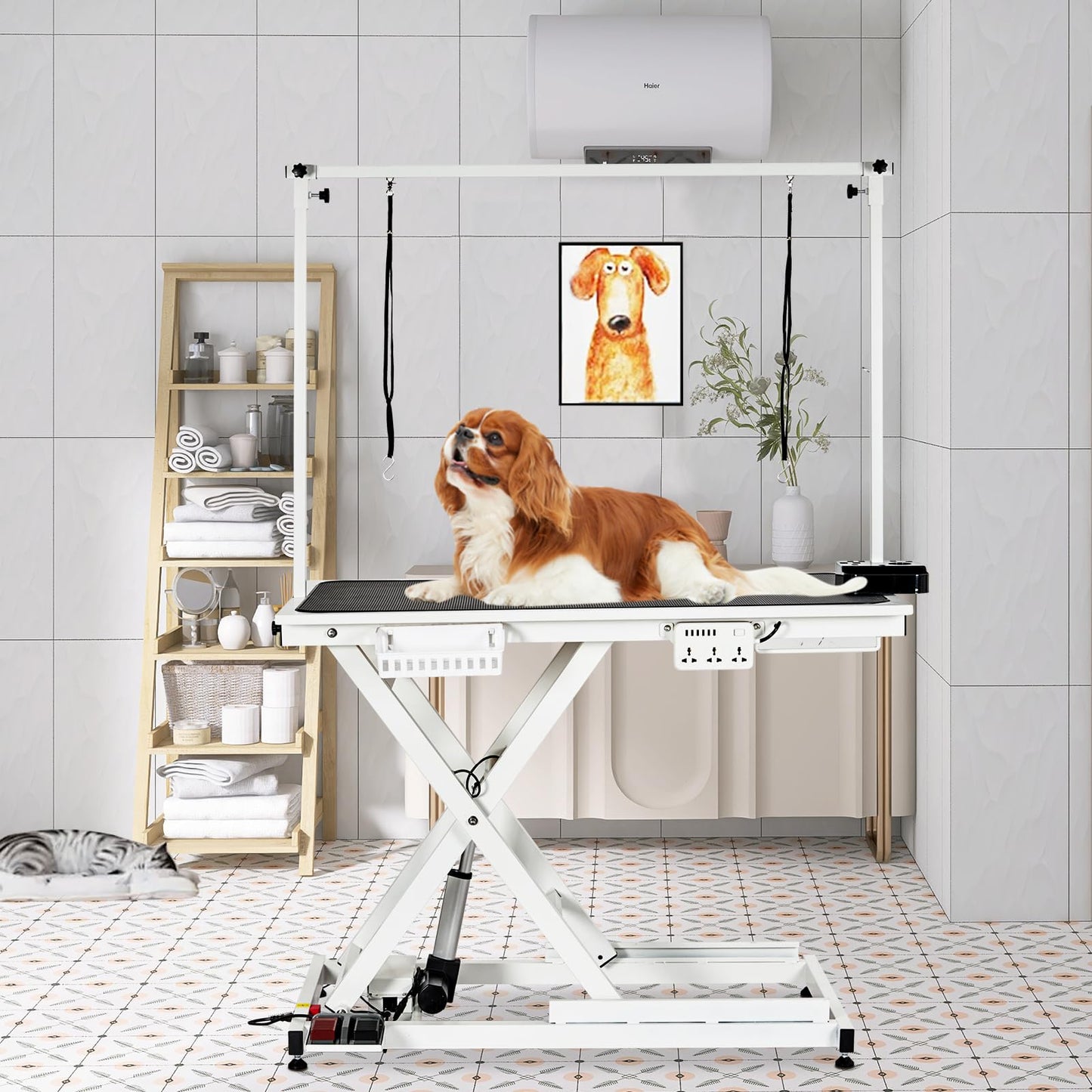 GarveeTech 50" Dog Grooming Table, Electric Hydraulic Grooming Table for Large Dogs or Small Dogs, Aluminium Overhead Arm, Anti Slip Tabletop, 6 USB Ports, Home & Salon Use, Max Capacity 330Lb, White