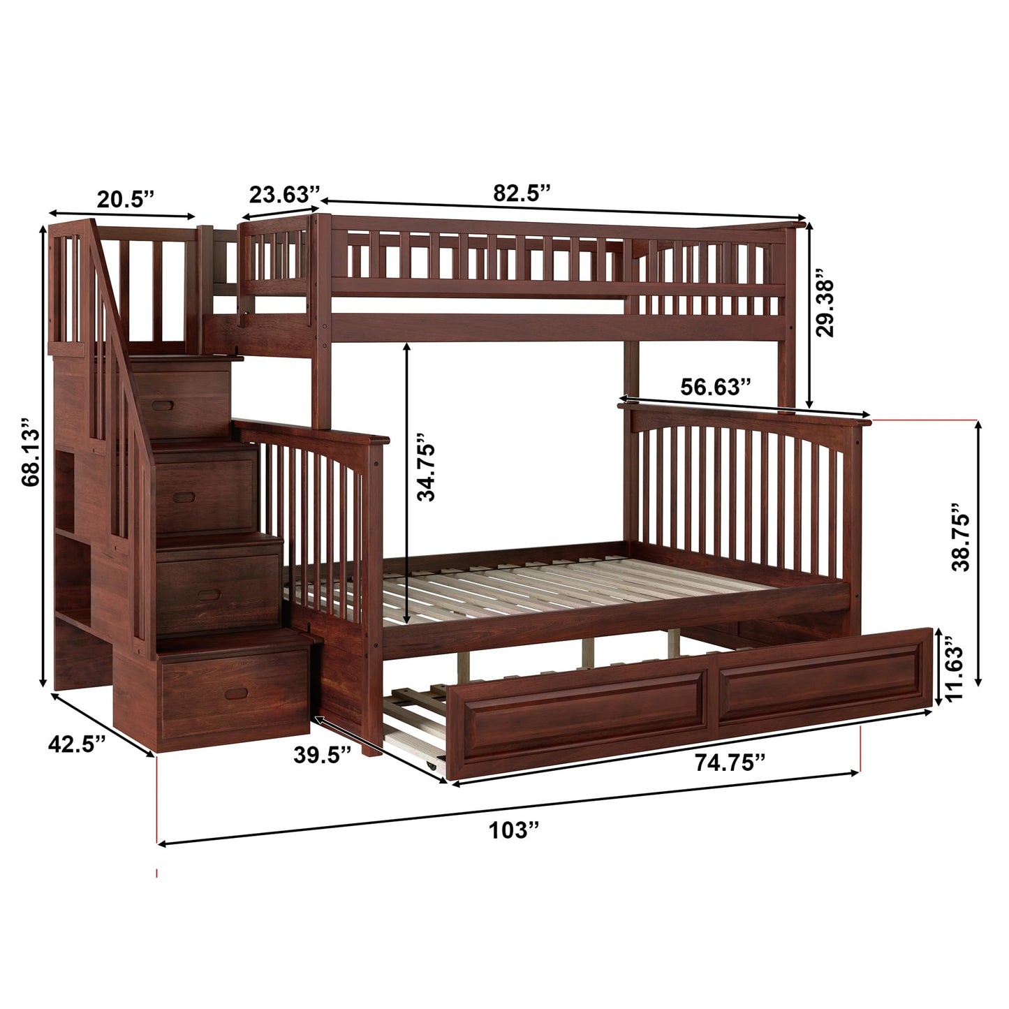 AFI, Columbia Staircase Bunk Bed Twin Over Full with Twin Raised Panel Trundle, Walnut