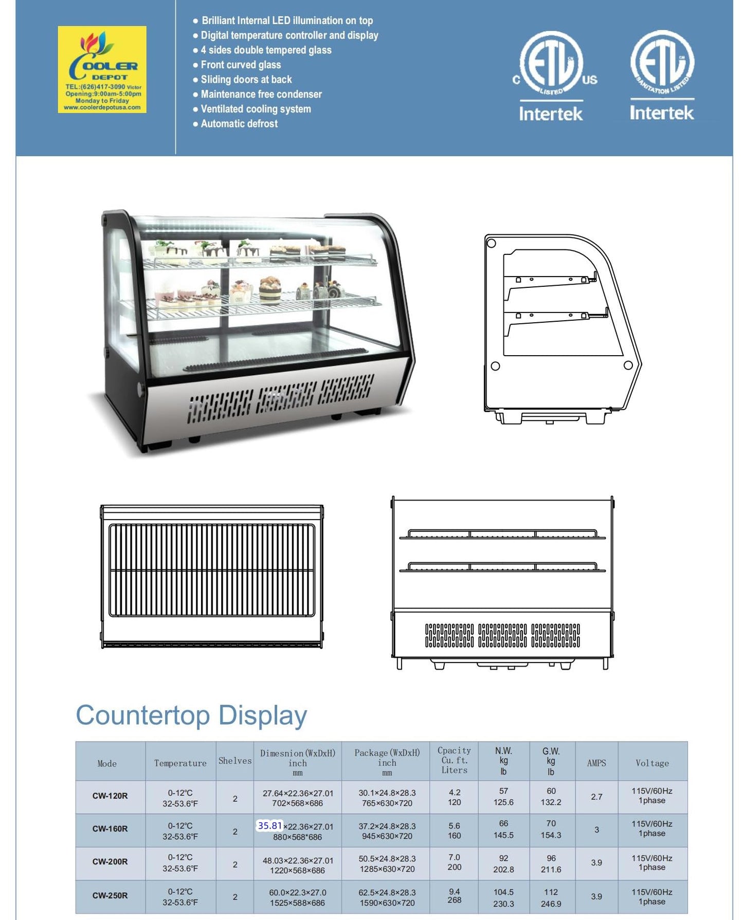 Bakery Display Cooler Refrigerated Case Countertop Desktop Slope Round-Corner 36 ins Commercial Restaurant Pastry Deli Stainless Steel Base Curved Glass NSF Food Cooler CW160R