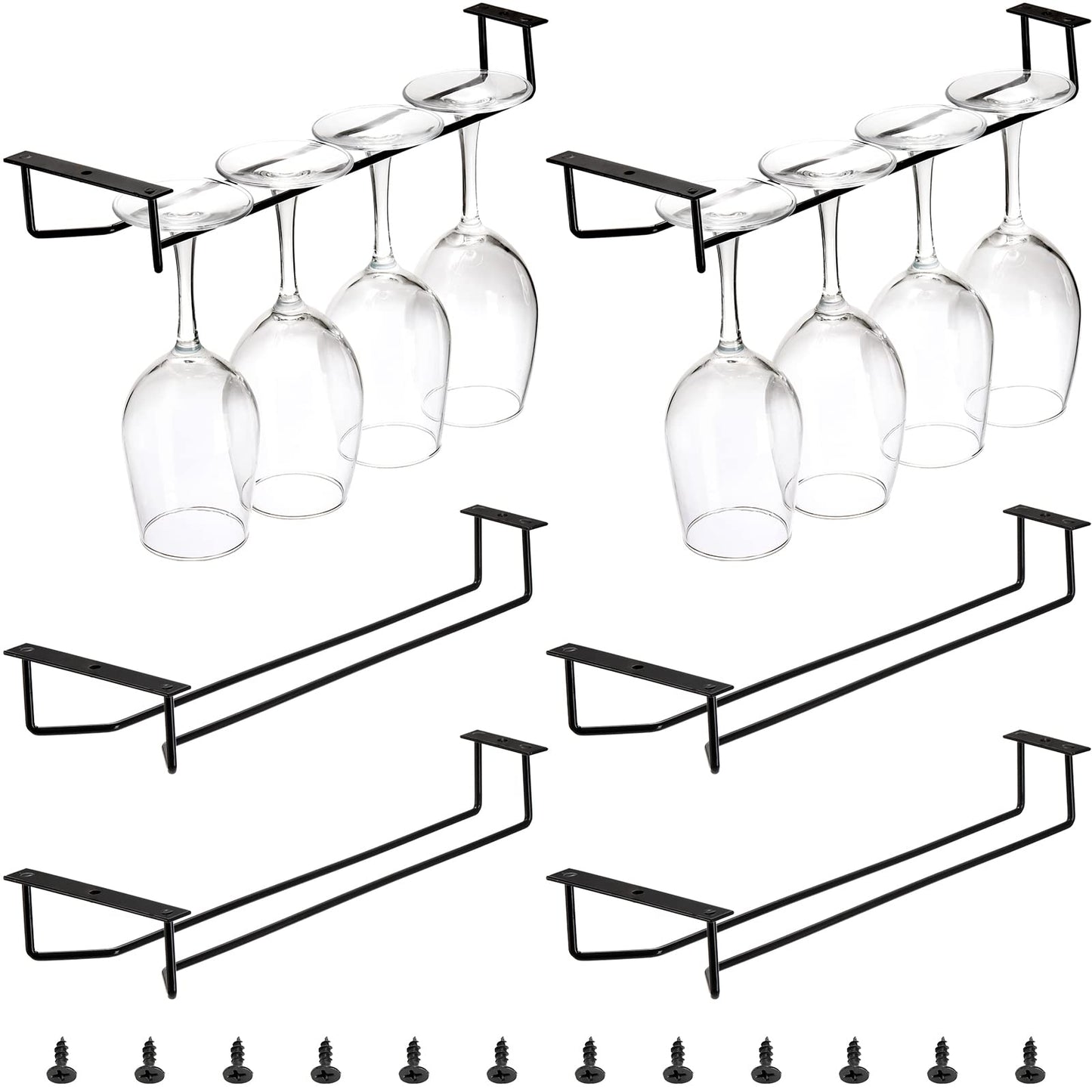 Dicunoy 6 Pack Black Wine Glass Rack, 14 Inch Under Cabinet Stemware Holder, Wall Mounted Iron Wine Glass Hanging Rack for Shelf, Kitchen, Bar, Wine Cellar Storage, Organizer, Display