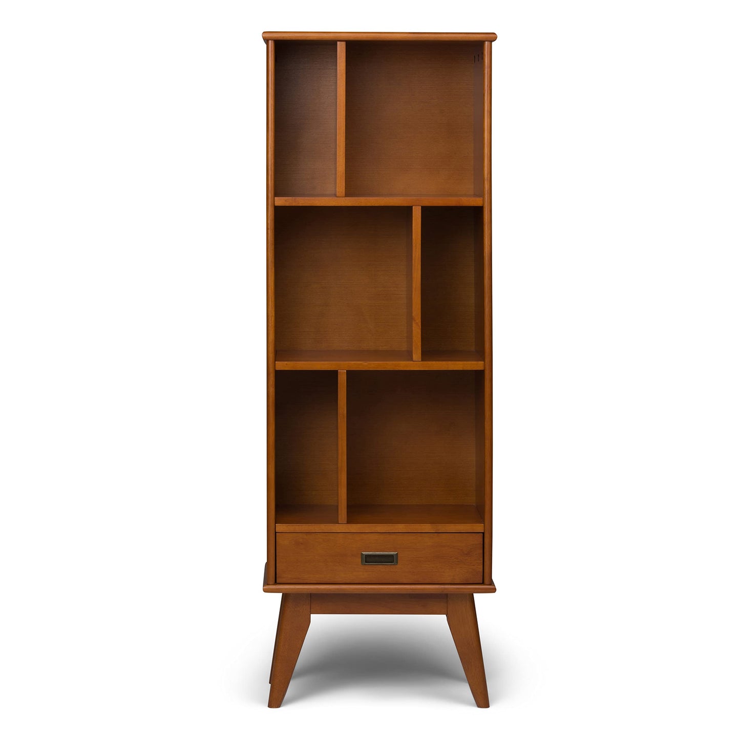 SIMPLIHOME Draper 22 inch Mid-Century Modern 6 Cubbie Bookcase with Drawer (Set of 2) in Teak Brown for the Living Room, Study Room and Office