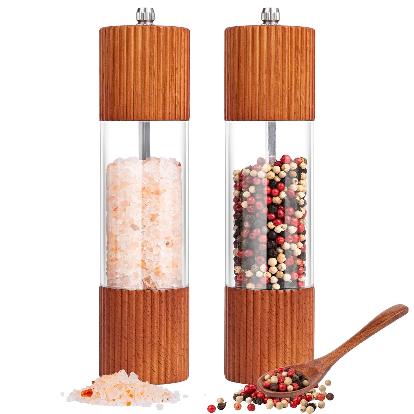 SETRON Acacia Wooden Salt and Pepper Grinder Set, 8 Inches Refillable Salt and Pepper Mills with Adjustable Ceramic Core, Manual Salt and Pepper Shakers for Kitchen Cooking and Gifts
