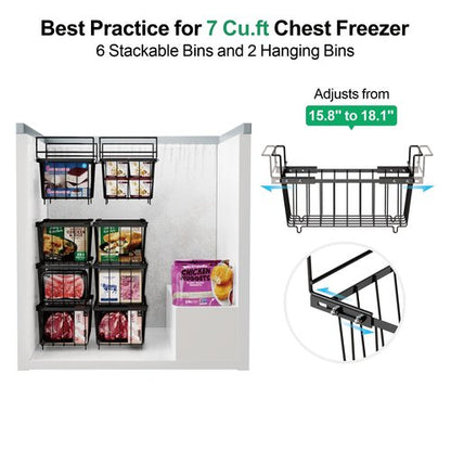 iSPECLE Chest Freezer Organizer Bins 8 Pack - Fit 7 Cu.Ft Deep Freezer, 2 Adjustable Hanging Baskets and 6 Pack Stackable Freezer Bins, Deep Freezer Organizer Bins Sort Frozen Food, Black