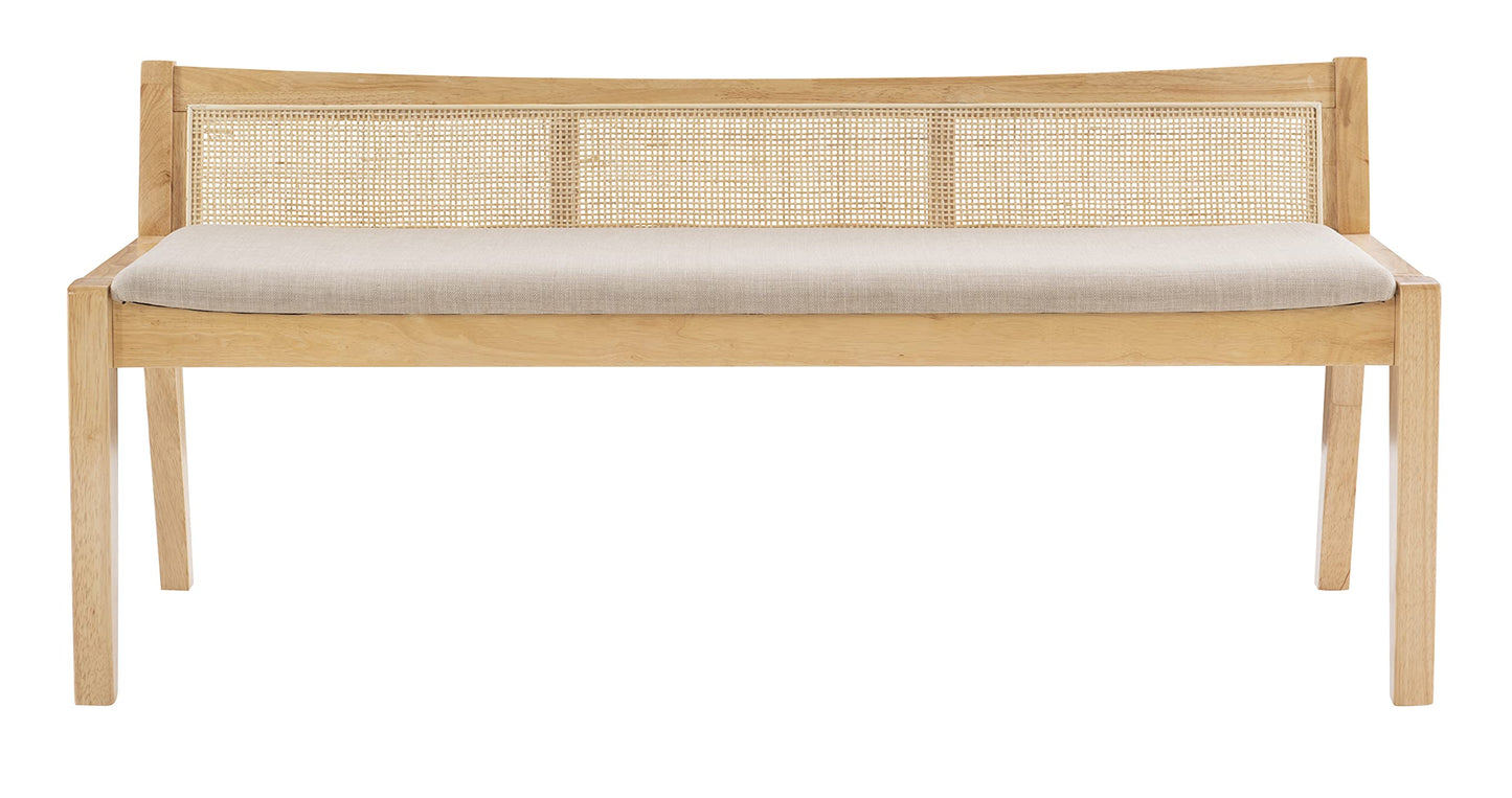 Powell Kasi Natural Low Back Cane Bench with Beige Upholstered Seat